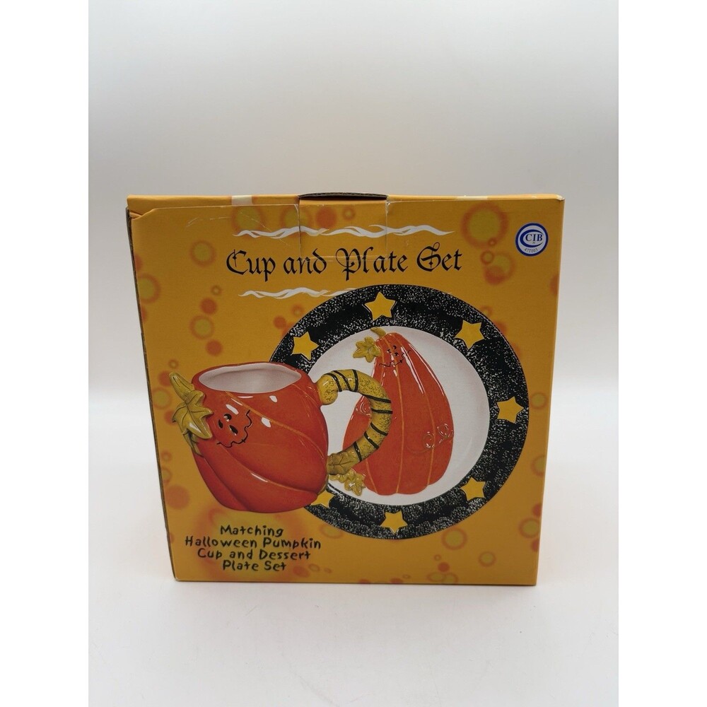 Halloween Matching Pumpkin Cup & Dessert Plate Set New Open Box